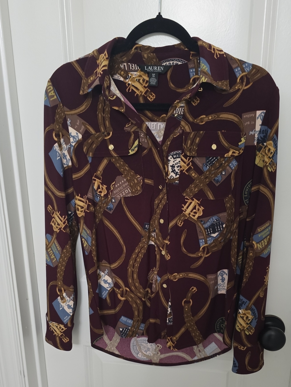 Lauren Ralph Lauren Burgundy Equestrian Print Button-Front Shirt